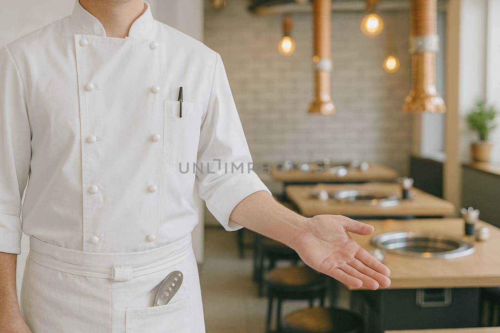 AI generated image of a Korean chef in traditional uniform gesturing to welcome diners into a vibrant Korean BBQ restaurant.