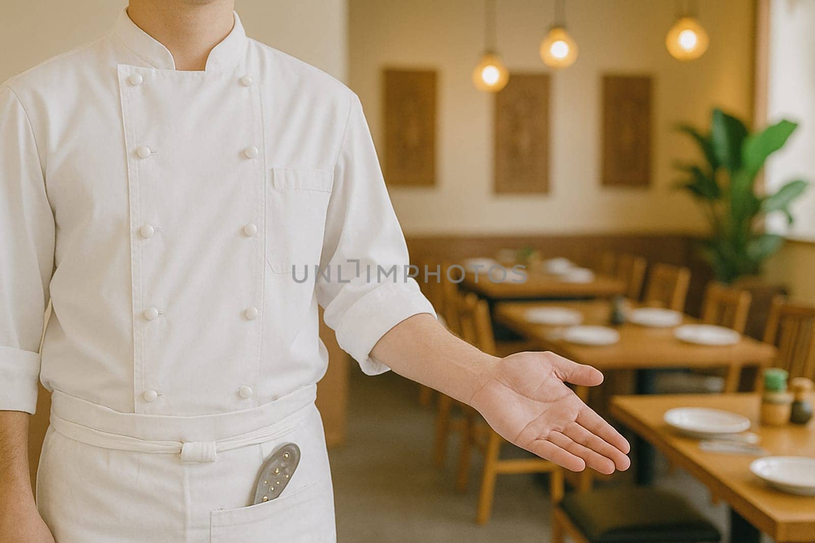 AI generated image of a Thai chef in traditional uniform gesturing to invite diners into a vibrant Thai eatery.