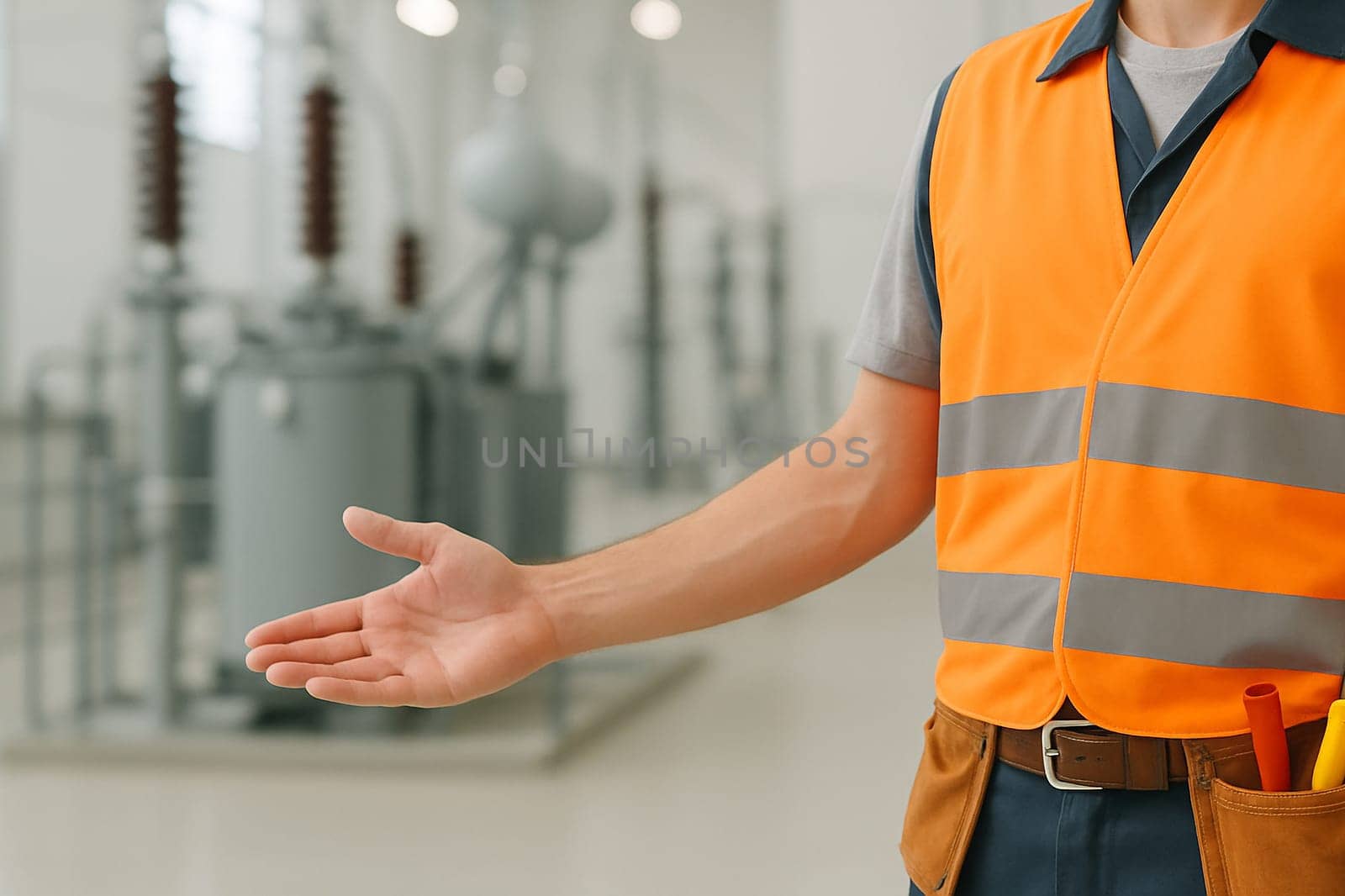 AI generated image of a professional electrician in safety gear gesturing to guide visitors into a modern power plant, showcasing high-voltage equipment and industrial energy infrastructure.