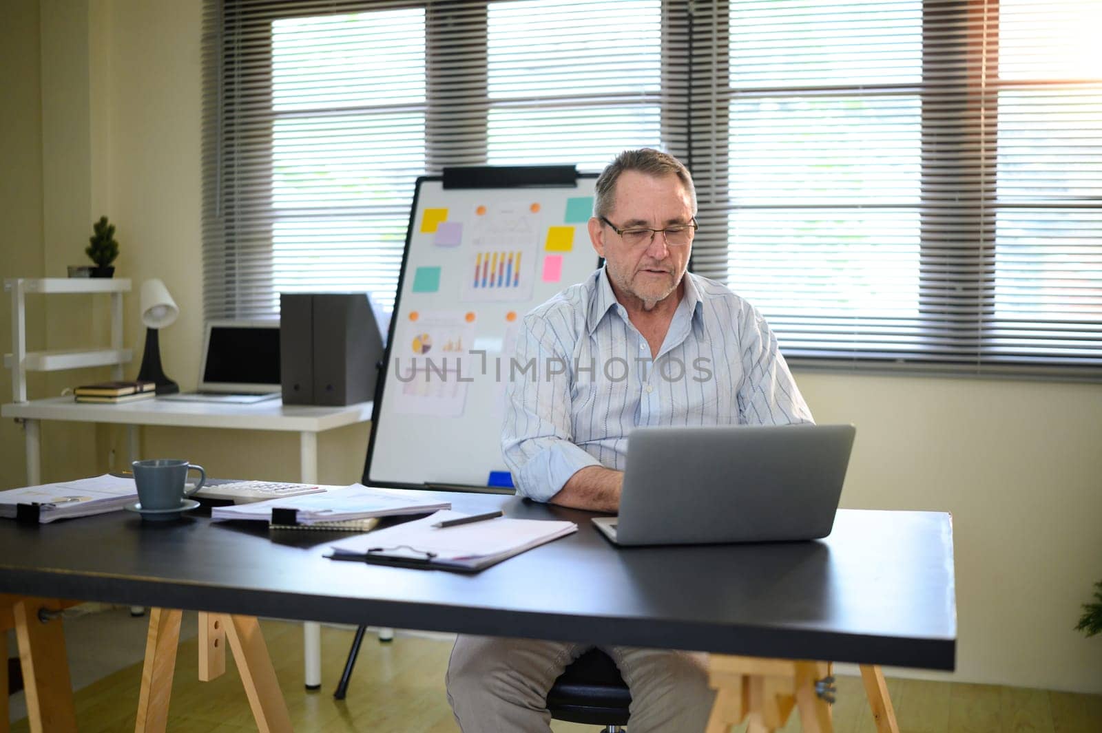 Confident older adult using laptop and managing tasks in modern workspace.