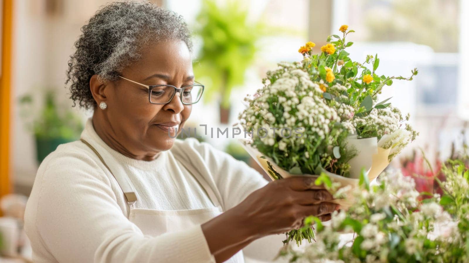 African american mature florist woman creates bouquet of flowers in flower store, AI Generated
