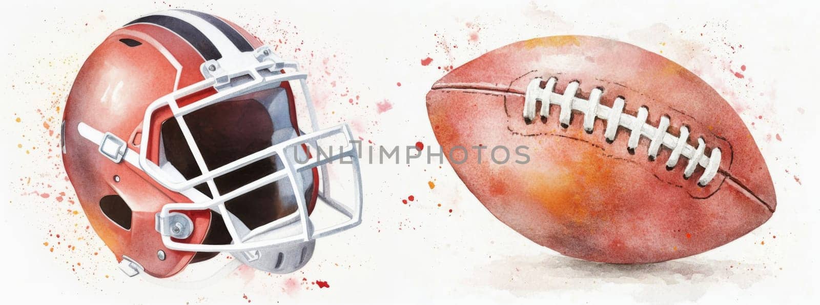 American football ball and helmet in watercolor style, sports concept, AI generated