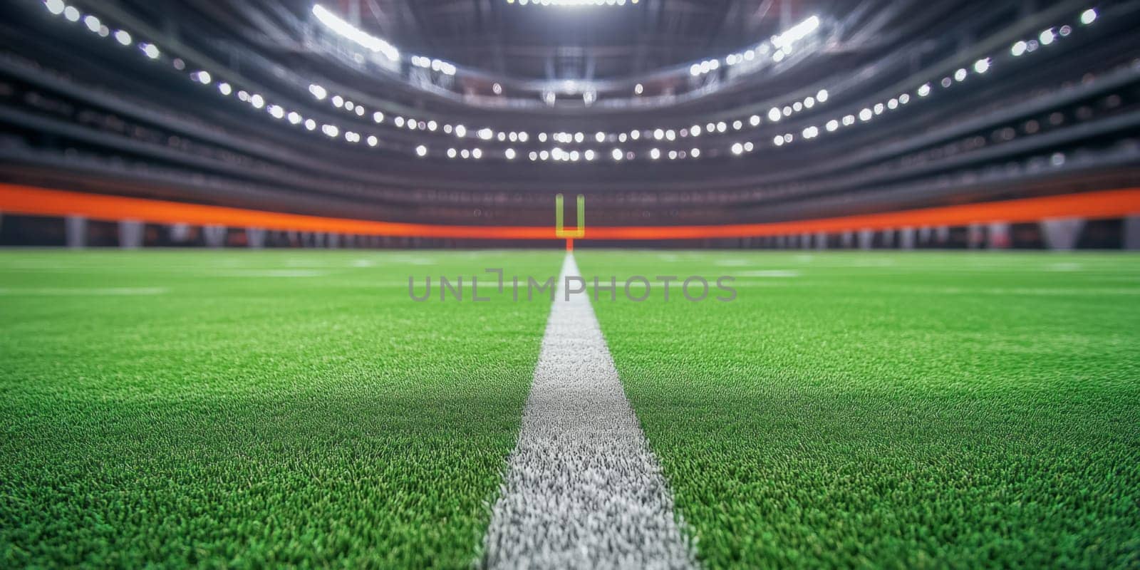 American football stadium field at night with bright lights and goalpost, background, AI generated