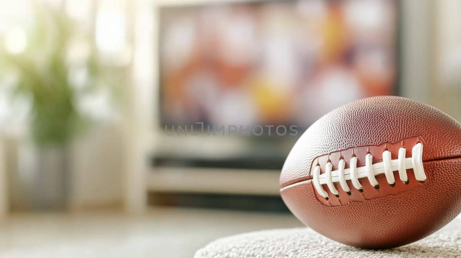 American football ball on foreground with blurred sport match on television in background, AI Generated
