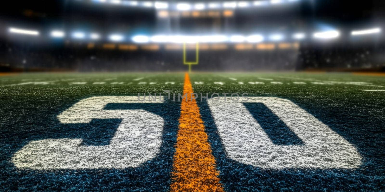 American football field view showcasing 50-yard line perspective, sports theme, background, AI generated