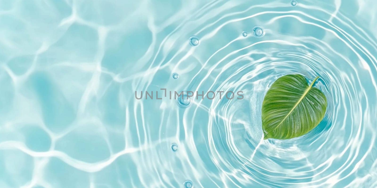 A green leaf floating on water showing ripples and bubbles, suitable as SPA background, AI generated
