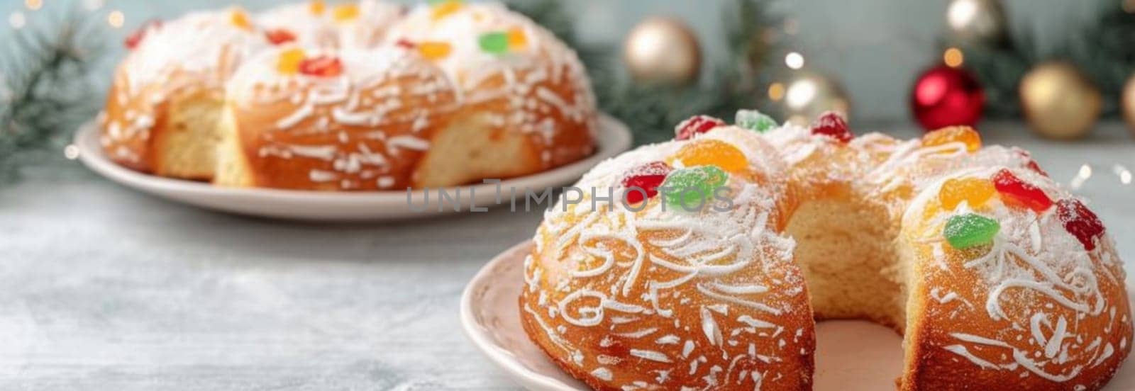 Three kings holiday festive fruitcake topped with colorful candied fruits on a table, background, AI generated