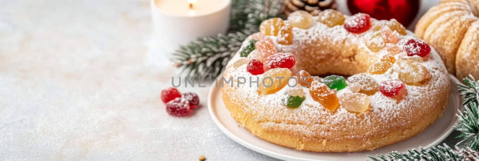 Three kings holiday festive fruitcake topped with colorful candied fruits on a table, background, AI generated