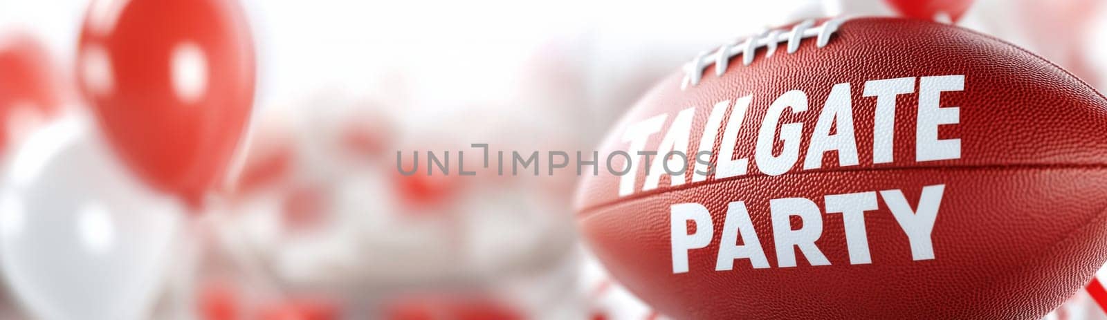 Tailgate party text with American football ball on foreground, festive decoration on banner background, AI Generated