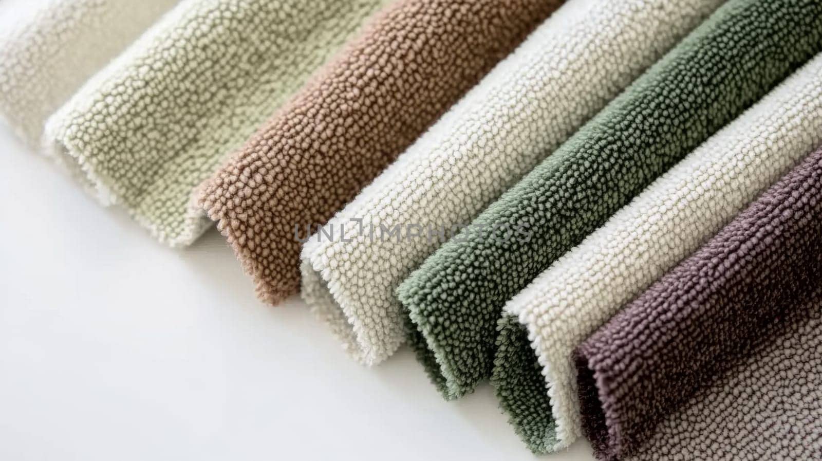 Chenille Fabric samples in various neutral colors close up arranged, texture detail, interior design palette background, AI Generated
