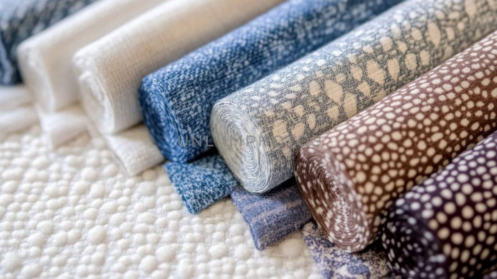 Boucle Fabric samples in various neutral colors close up arranged, texture detail, interior design palette background, AI generated