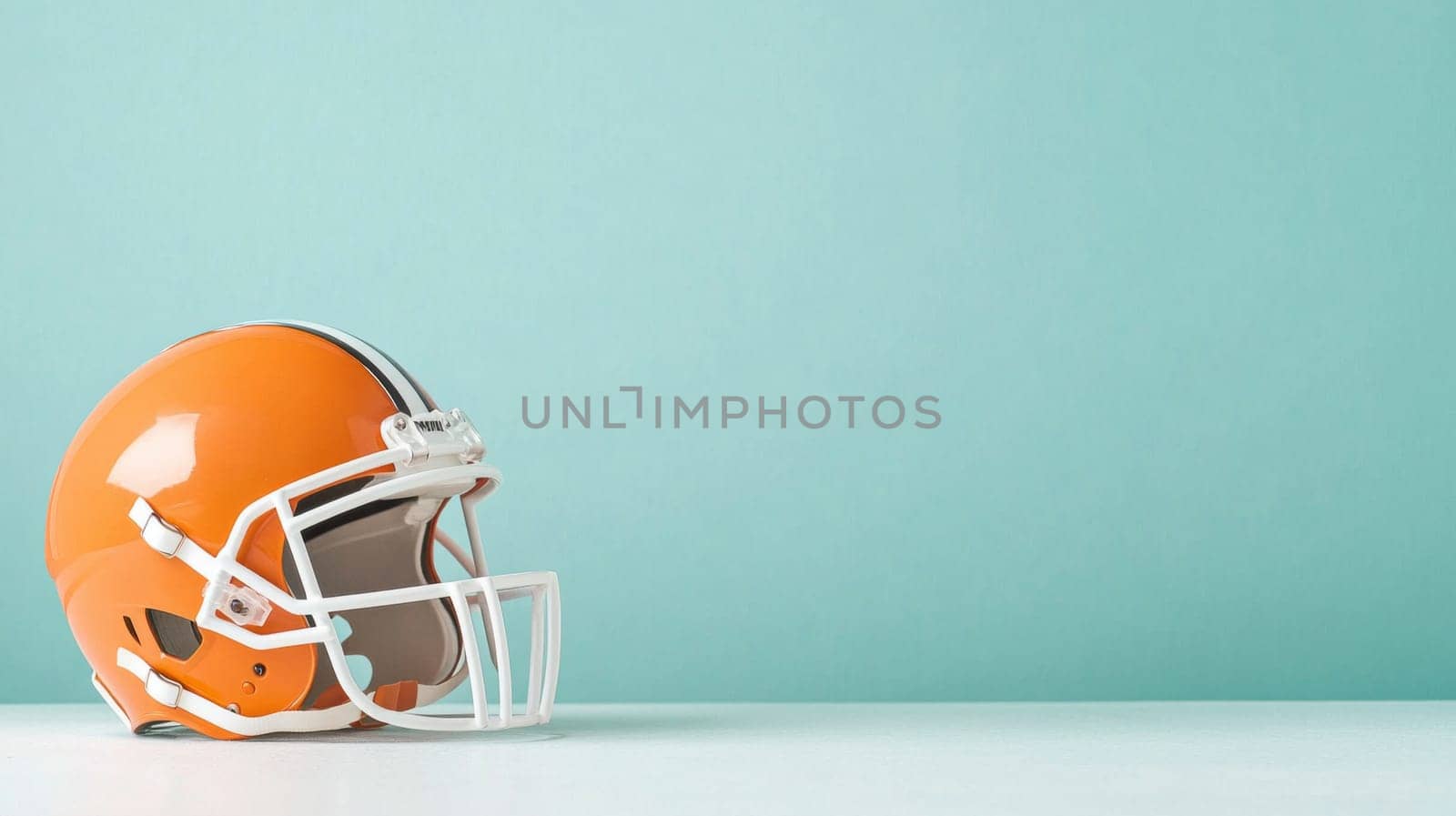 American football helmet on light blue surface, concept of sports and competition, AI Generated