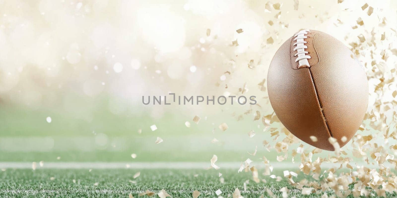 American Football ball and green field promotional banner background, AI generated