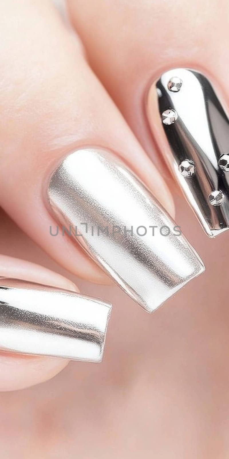 Metallic silver chrome nails closeup with rhinestone accents, vertical background, AI Generated