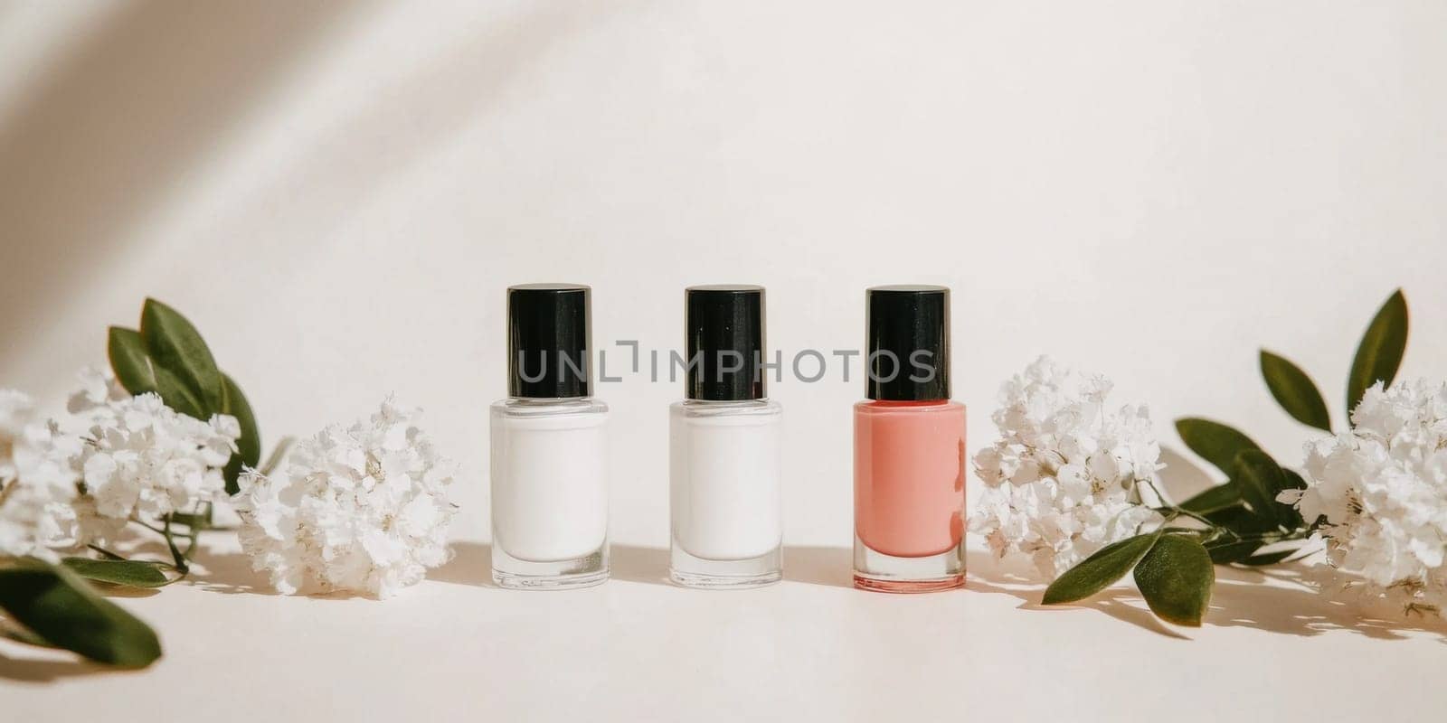 Nail polish bottles of neutral colors arranged on a marble background, AI Generated