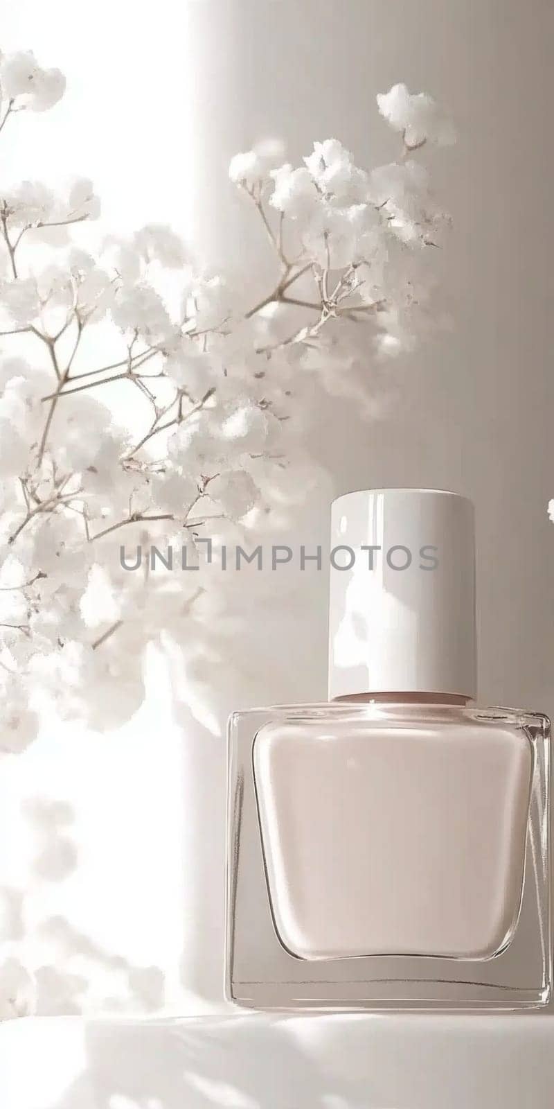 Nail polish bottles in pastel neutral shades closeup, AI generated
