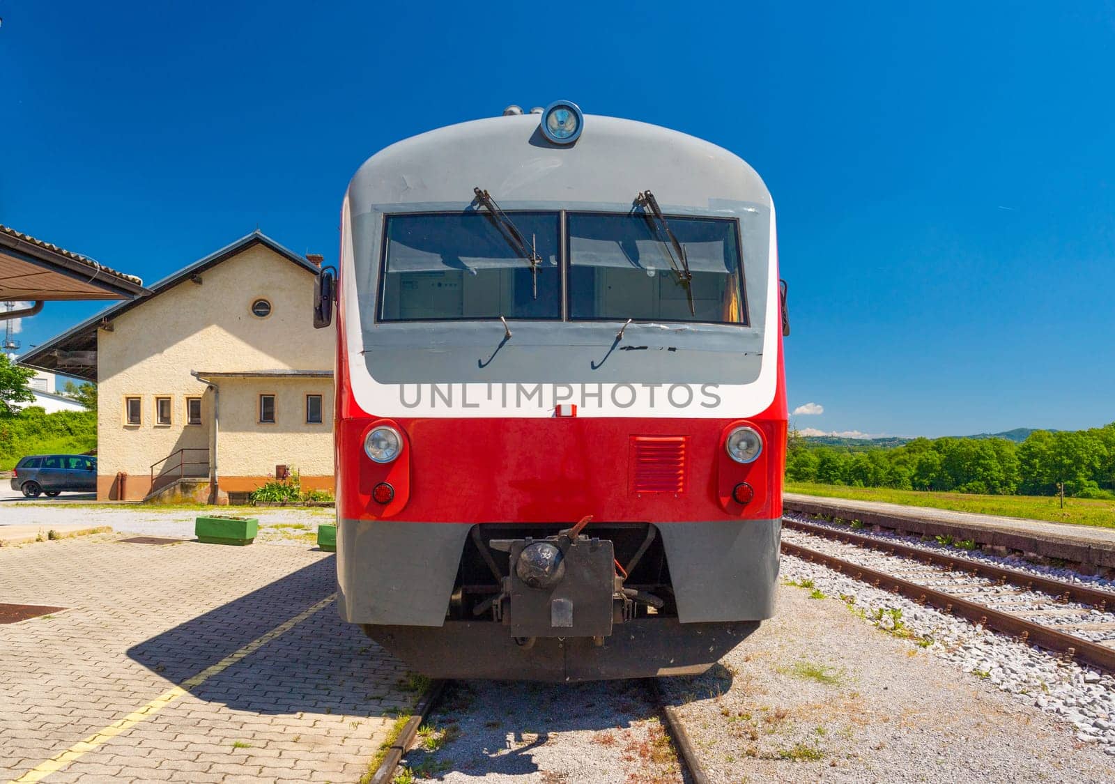 Front view of a typical European diesel train.