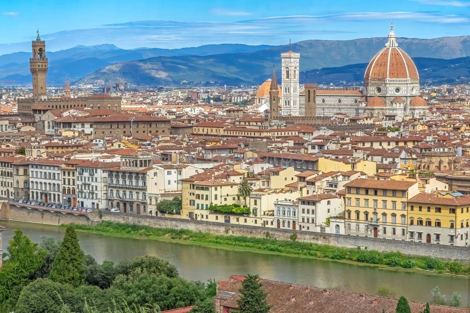 Elevated view of the historic center  of Florence with the Arno River. Florence, Italy
