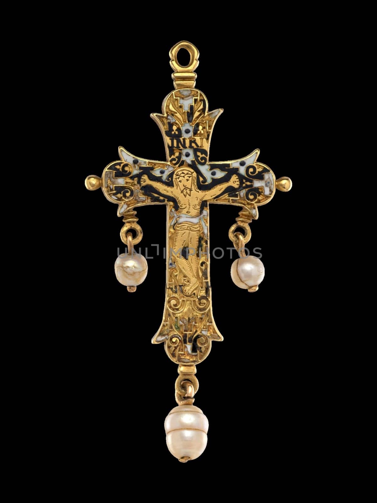 Ornate antique reliquary crucifix pendant, possibly Russian or Spanish, dating from the 17th-18th century. Features intricate gold detailing, enamel accents, and pearl drops. Evokes a sense of historical devotion and artistic craftsmanship.