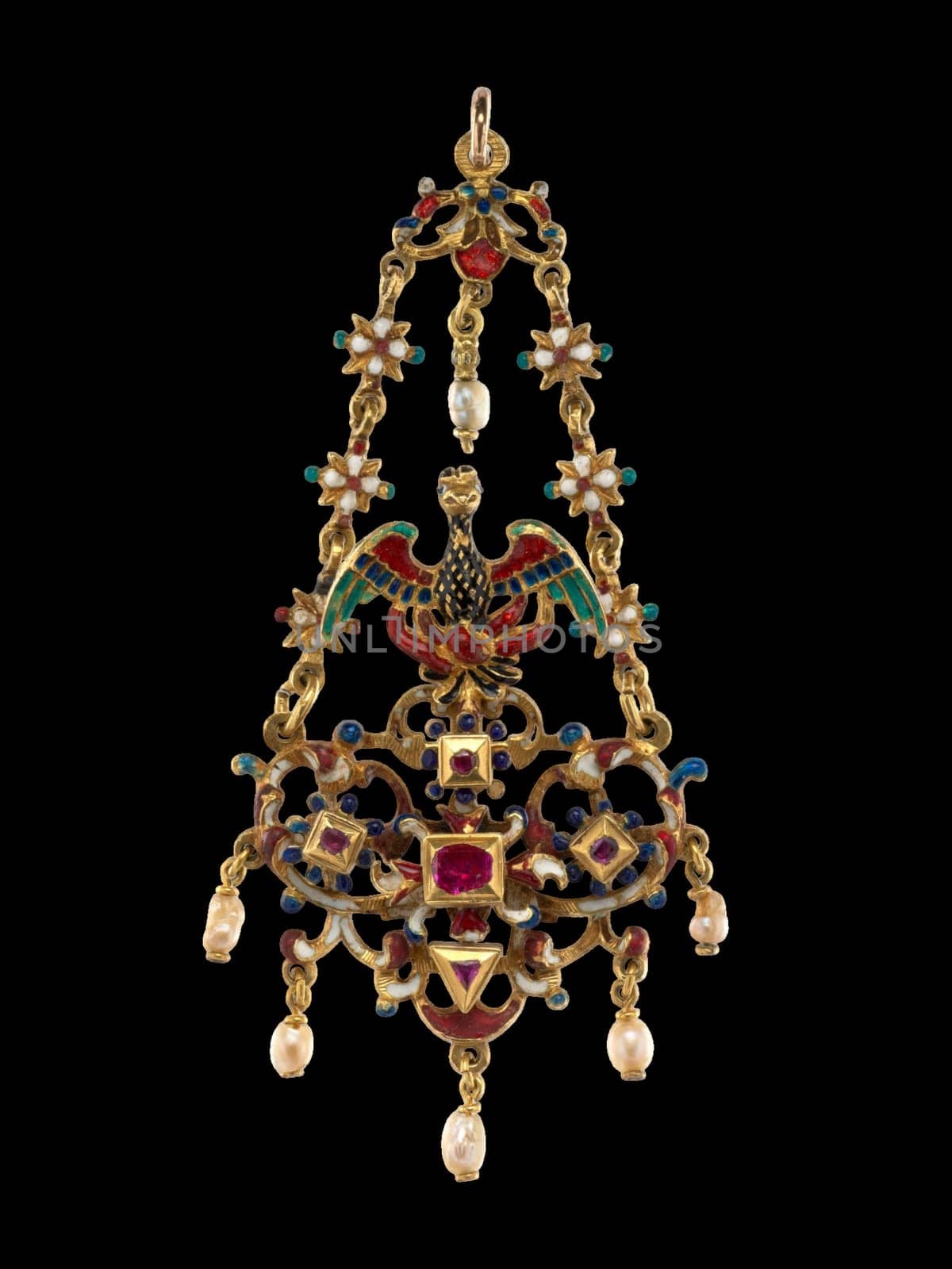 Ornate Renaissance Revival pendant in the form of a phoenix, crafted in Sicily during the first half of the 17th century. Features intricate gold filigree, vibrant enamel, rubies, sapphires, and delicate pearl drops.