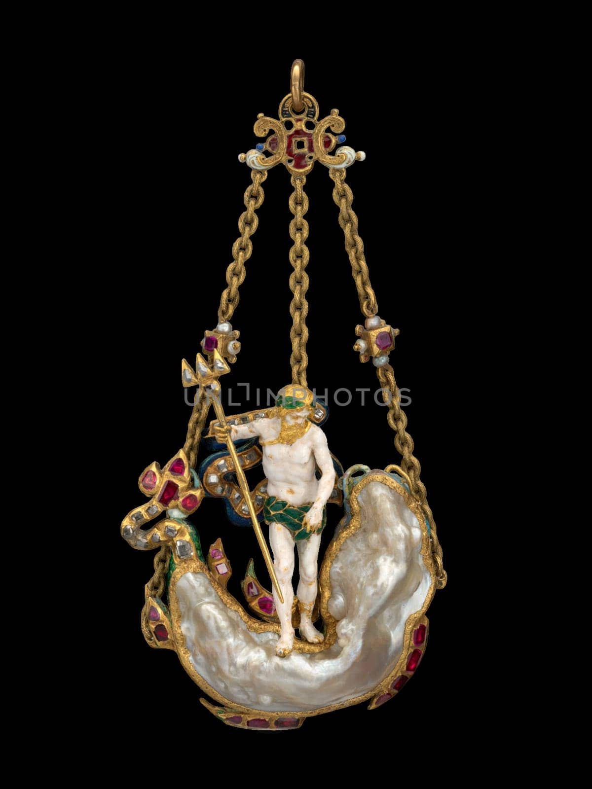 Elaborate early 17th-century pendant, likely Netherlandish, depicting Neptune riding a sea monster. Features gold, enamel, gemstones, and a pearl shell. Evokes mythological wonder and Renaissance artistry.