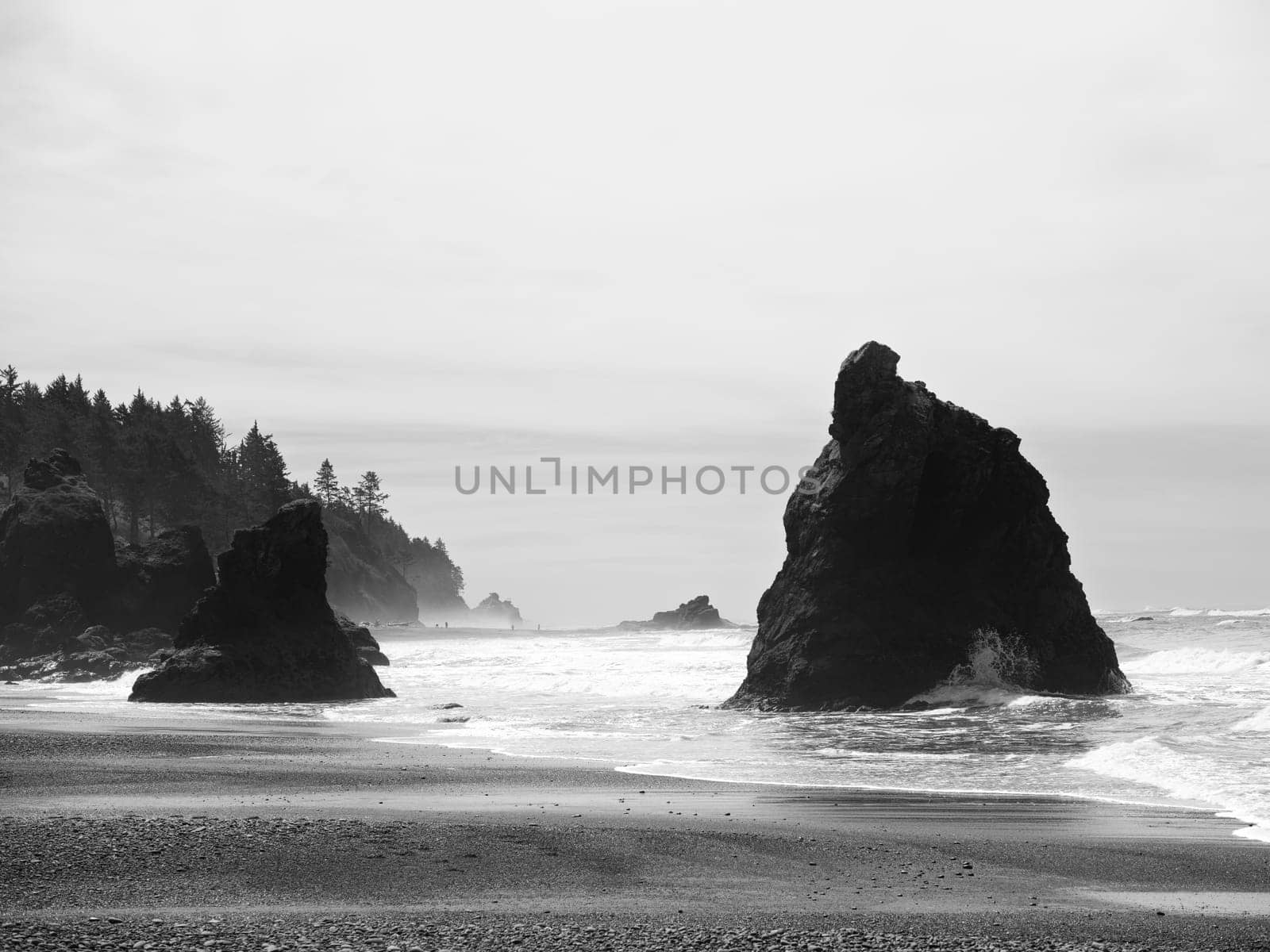 A black and white photograph of Ruby Beach along the coast of Washington state.