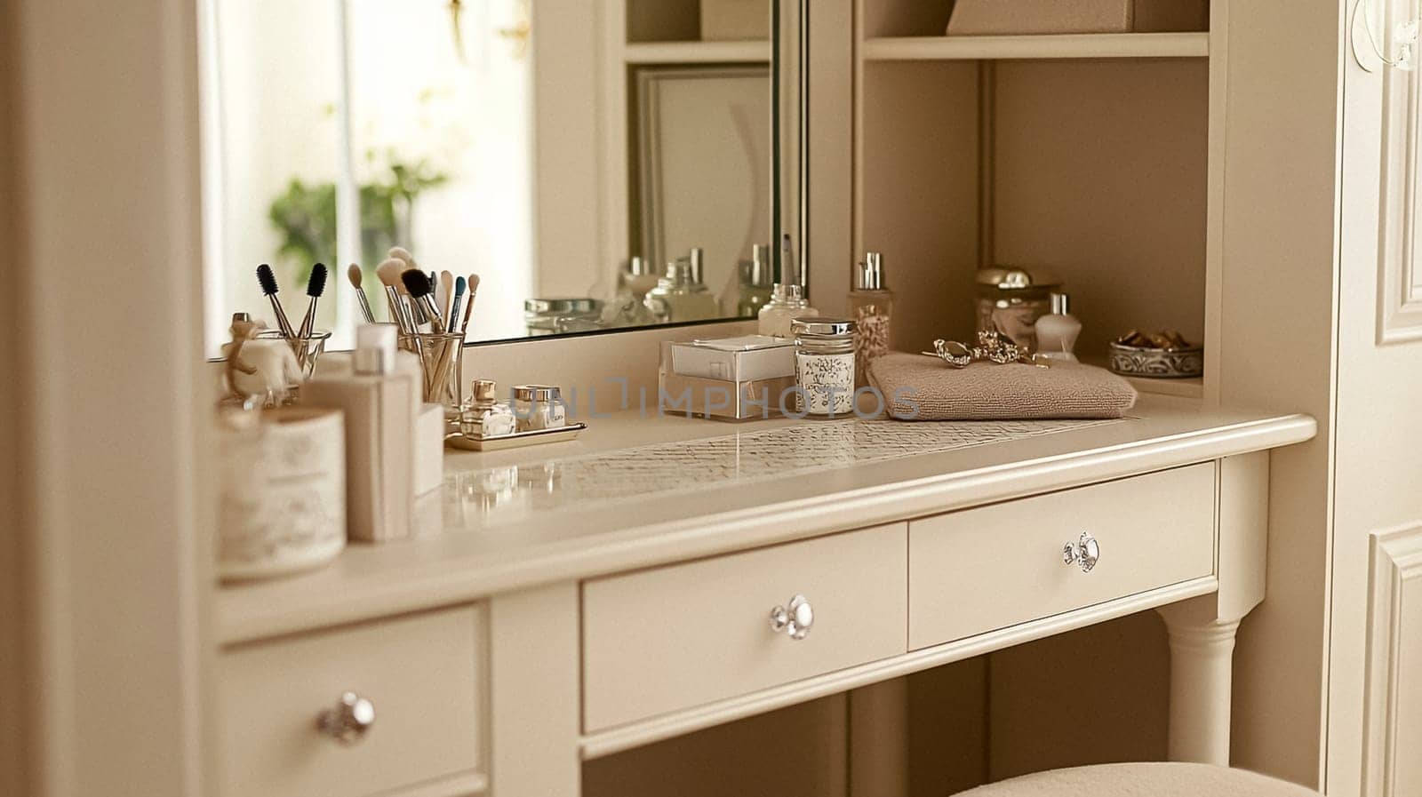 Refined English interiors with soft neutral tones, botanical art, fresh florals, classic panelled walls, and elegant furnishings for a feminine yet timeless home atmosphere