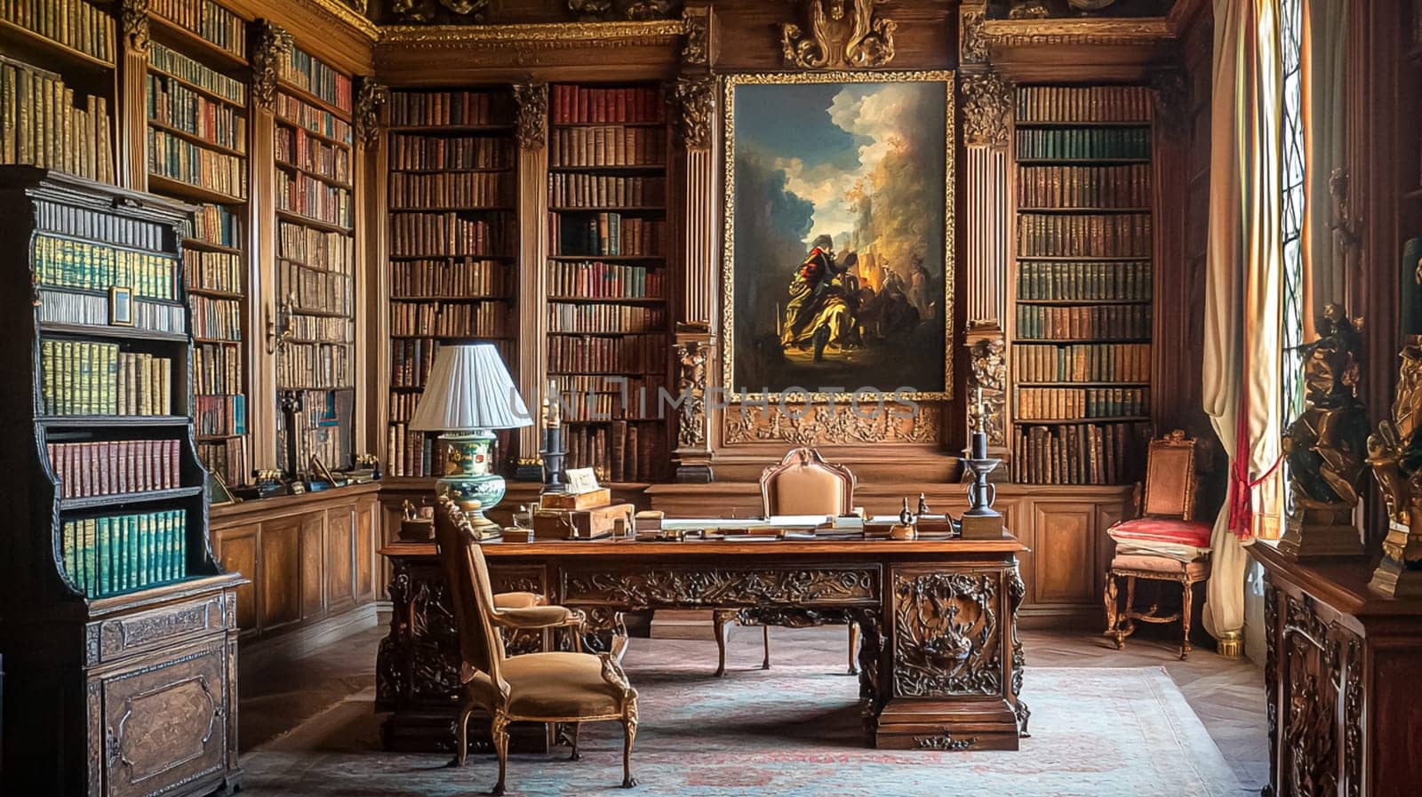 Opulent Baroque interiors with gilded four-poster beds, floral drapes, ornate furniture, and classical detailing, capturing a romantic old-world charm fit for an English noble manor