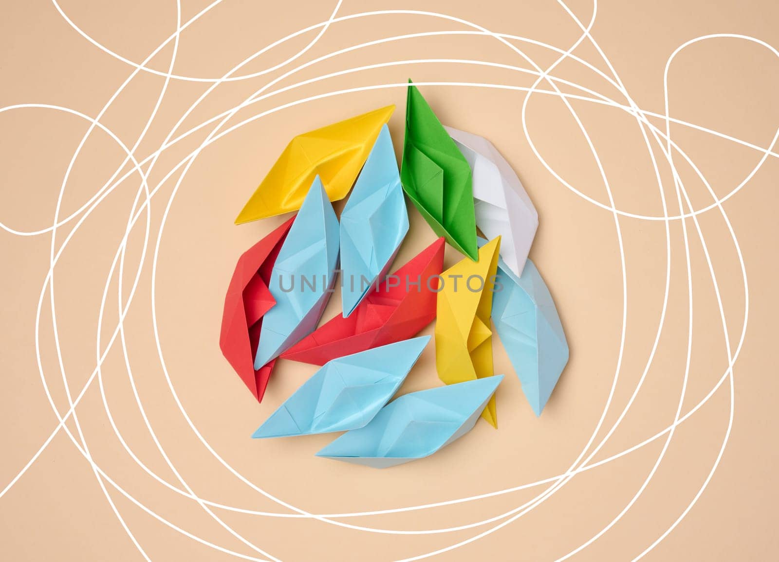 Colorful origami paper boats are gathered in the center, surrounded by random lines, symbolizing community or the exchange of ideas, against a neutral background.