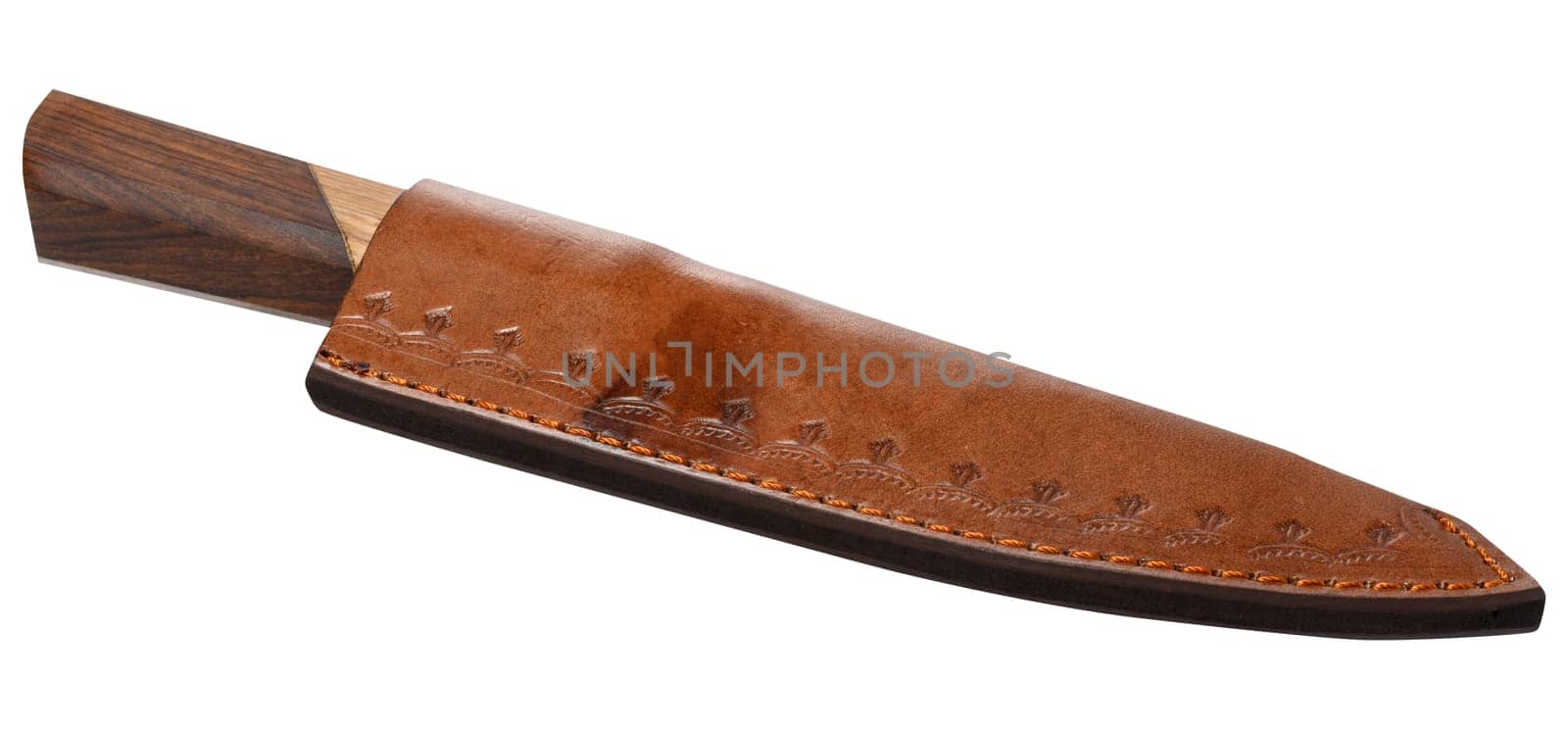 A knife with a wooden handle is inserted into a brown leather case