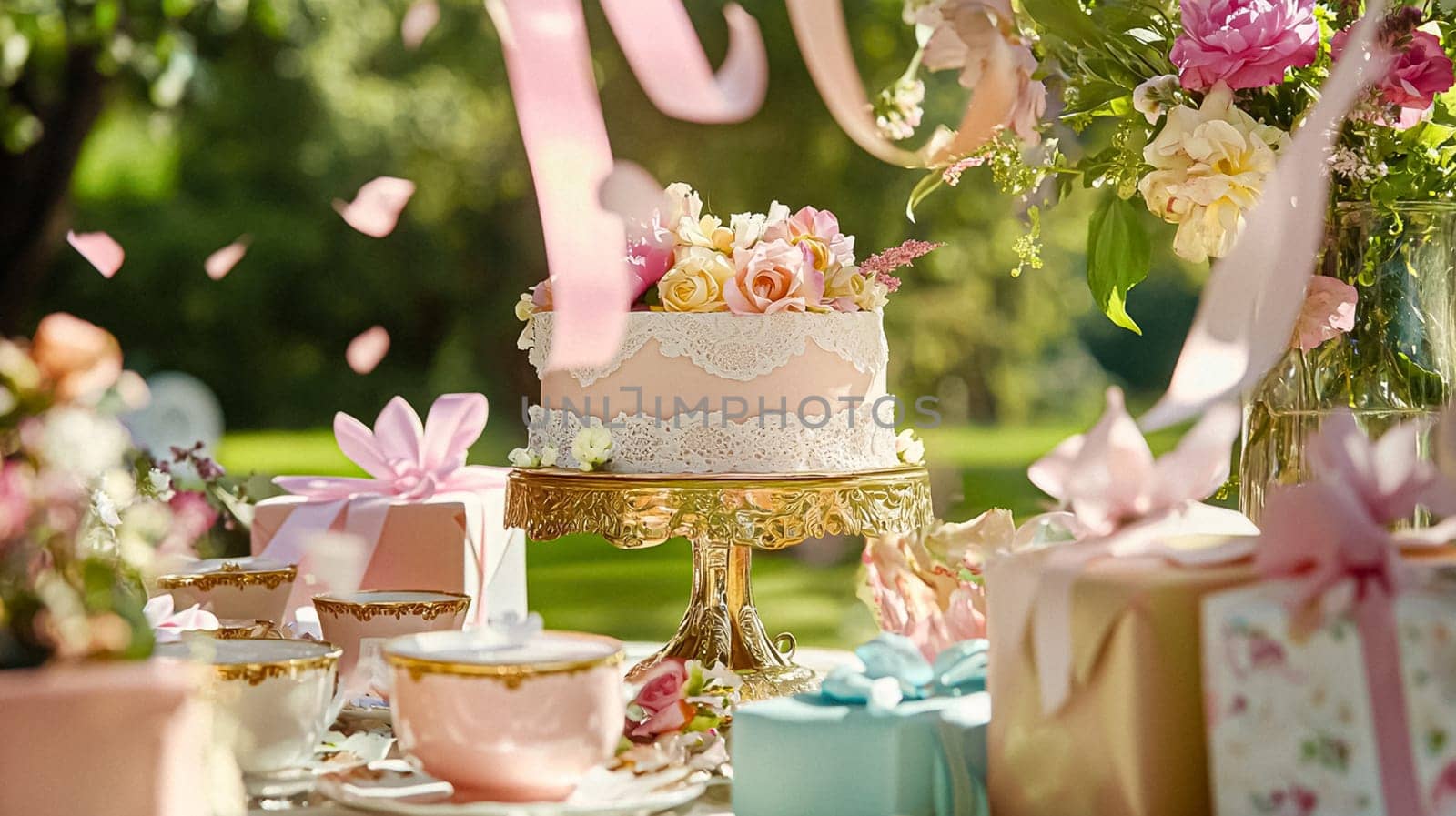 Delightful garden Birthday celebration featuring floral cakes, pastel gift wrap, vintage teaware, and soft bunting, evoking a tender, joyful birthday gathering in an English countryside garden