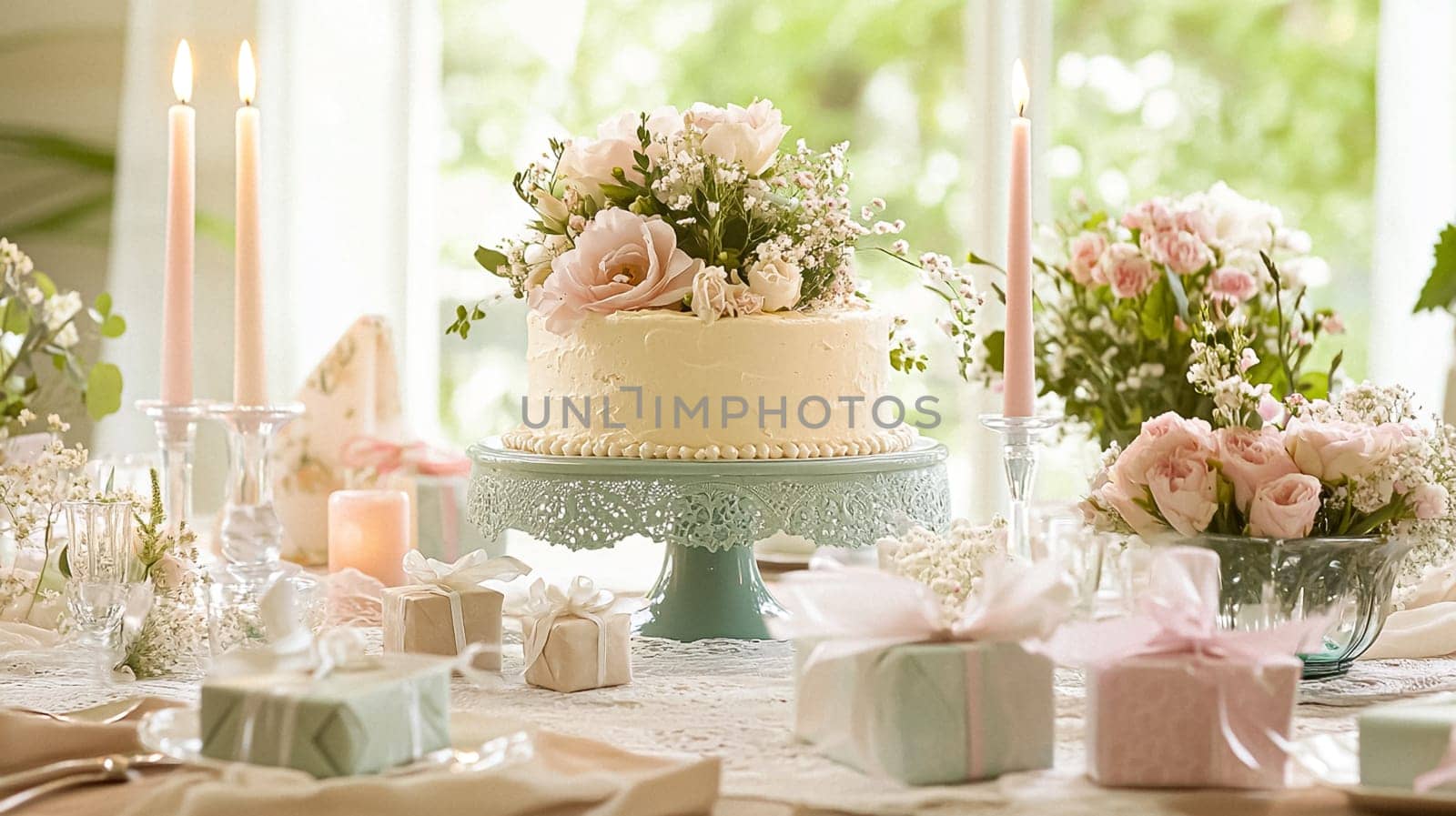 Delightful garden Birthday celebration featuring floral cakes, pastel gift wrap, vintage teaware, and soft bunting, evoking a tender, joyful birthday gathering in an English countryside garden