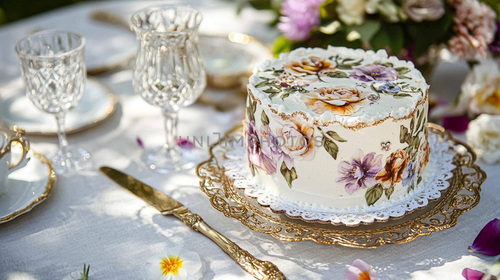 Delightful garden Birthday celebration featuring floral cakes, pastel gift wrap, vintage teaware, and soft bunting, evoking a tender, joyful birthday gathering in an English countryside garden