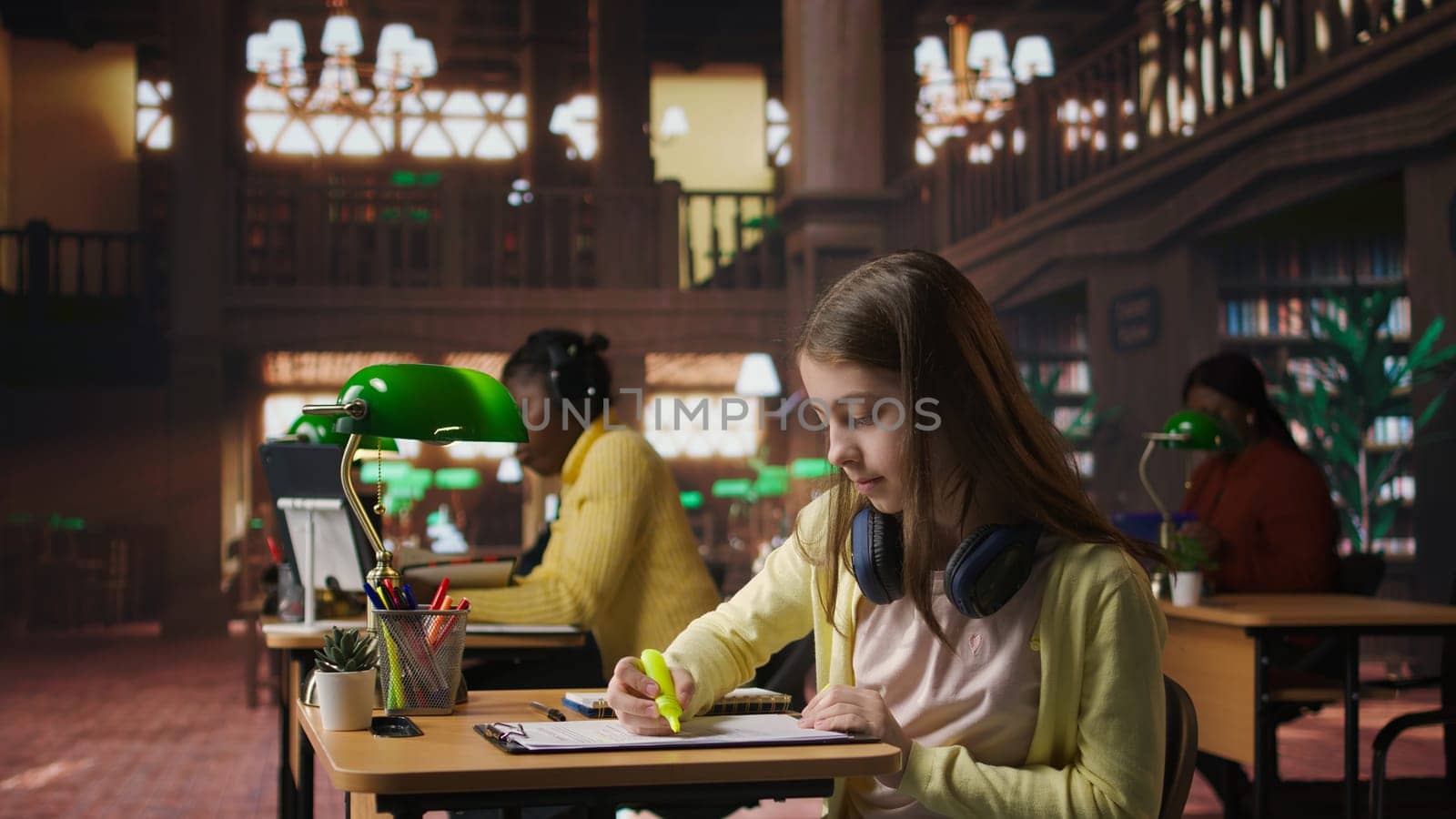 Teenager girl highlighting the important notes for the studying session, employing learning materials from the library database to complete her textbook and be productive. Academic success. Camera A.