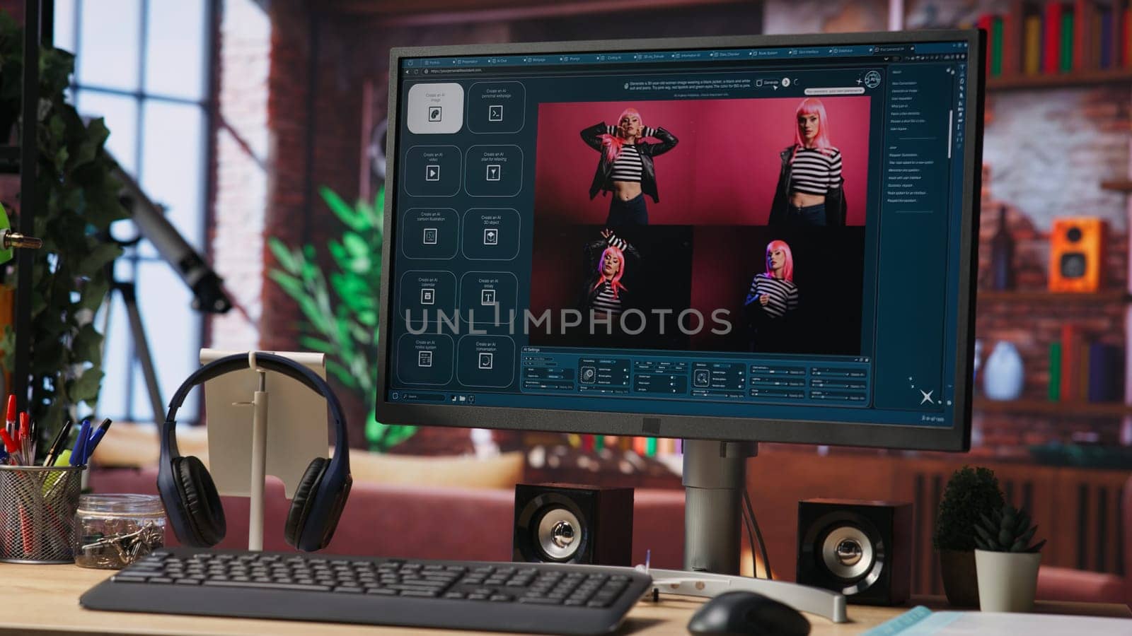Computer in home office uses artificial intelligence generating images from basic text prompts. AI GPT generating photographs using computer vision and natural language processing, jib up shot