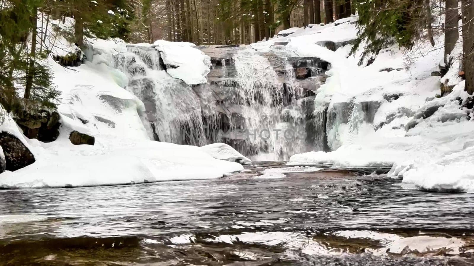A breathtaking winter waterfall, beautifully surrounded by snow and tall trees, is located in a serene forest setting