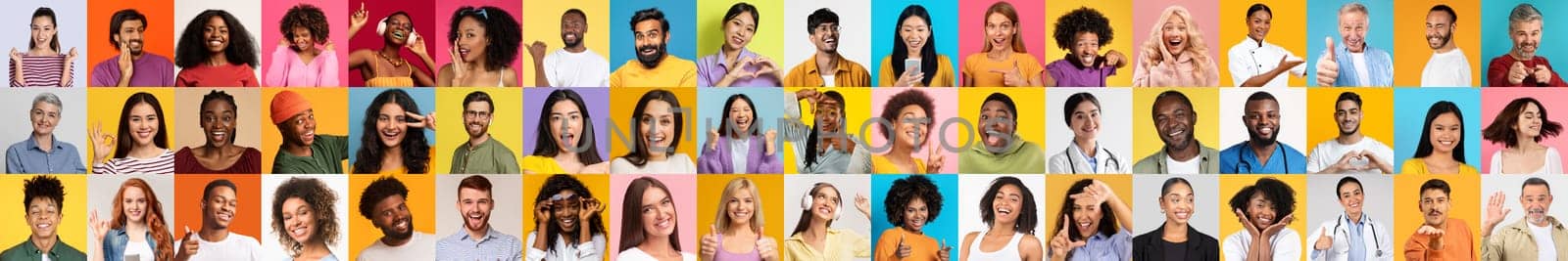 This lively collage captures diverse individuals expressing joy and connection against colorful backgrounds. Each face represents different cultures and lifestyles, celebrating unity in diversity.
