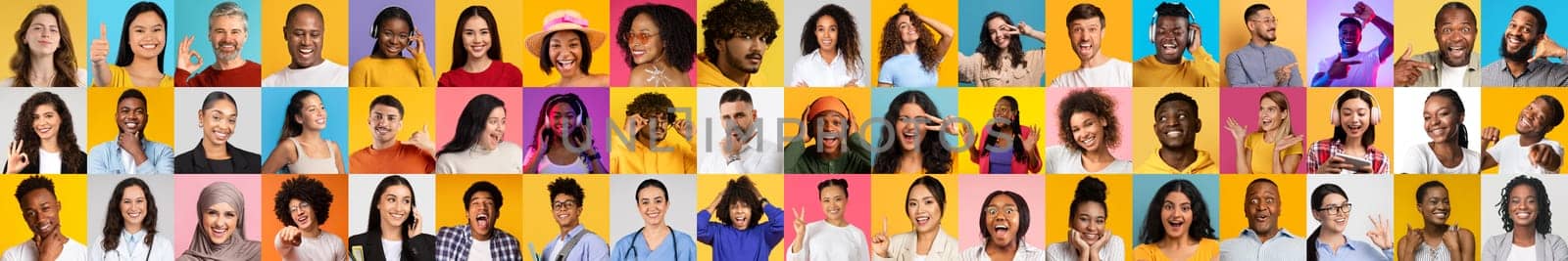 A vibrant collage features individuals of various backgrounds smiling joyfully. Each face displays a unique personality and lifestyle in bright, colorful backgrounds that celebrate diversity.