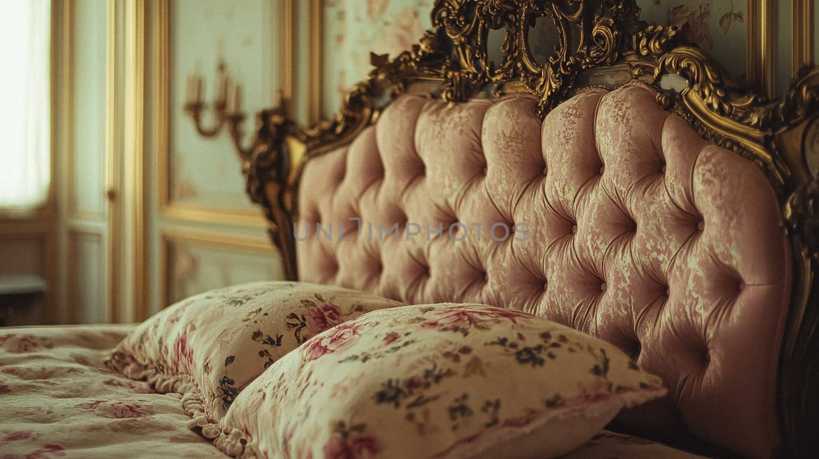Opulent Baroque interiors with gilded four-poster beds, floral drapes, ornate furniture, and classical detailing, capturing a romantic old-world charm fit for an English noble manor