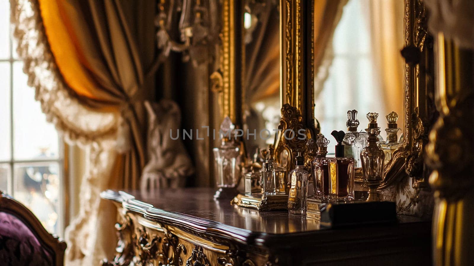 Opulent Baroque interiors with gilded four-poster beds, floral drapes, ornate furniture, and classical detailing, capturing a romantic old-world charm fit for an English noble manor