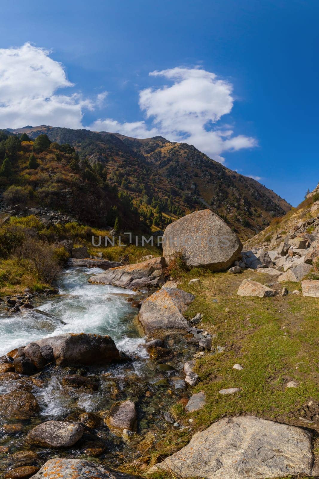A clear mountain stream with small rapids flows through a valley filled with rocks and patches of grass and low shrubs.