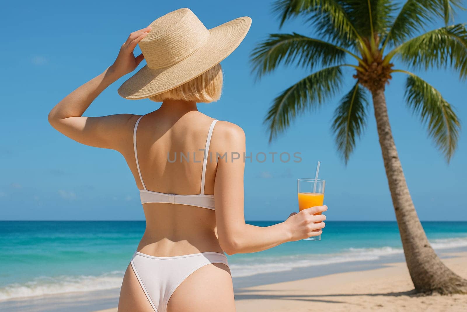 AI generated a young blonde woman with short hair wearing a white bikini standing on a sunny beach facing away from the camera, holding a wide-brimmed hat blowing in the wind while