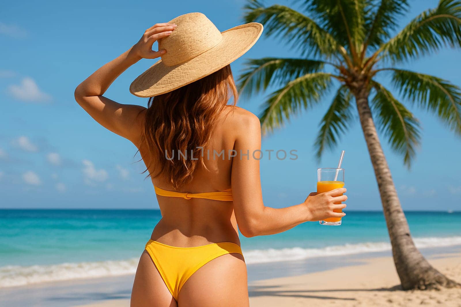 AI generated a young woman with long bronze hair wearing a yellow bikini standing on a tropical beach facing away from the camera, holding a wide-brimmed hat blowing in the wind