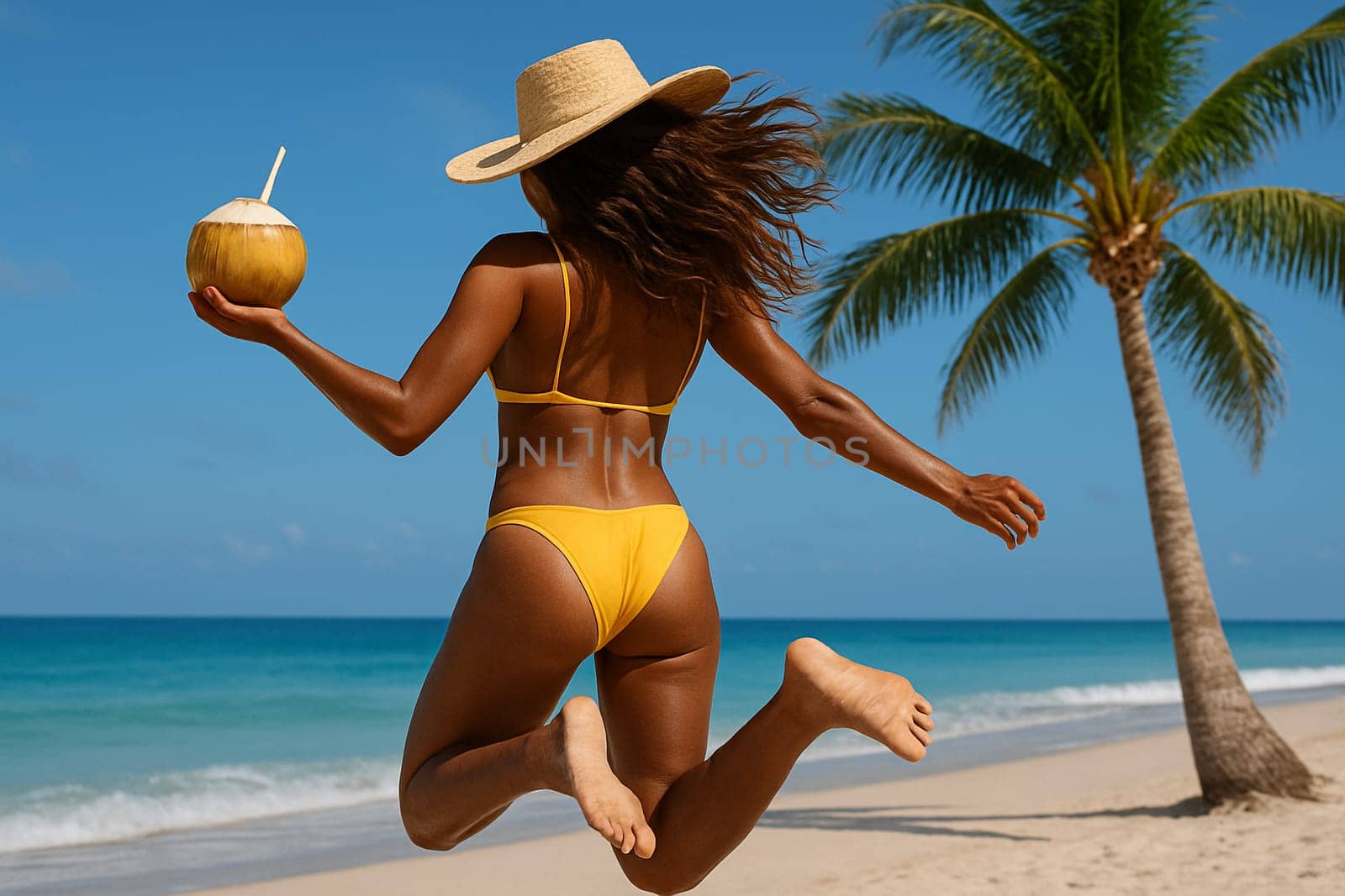 AI generated an energetic tanned woman with long hair jumping joyfully on a tropical beach in a yellow bikini, facing away from camera while holding a fresh coconut drink