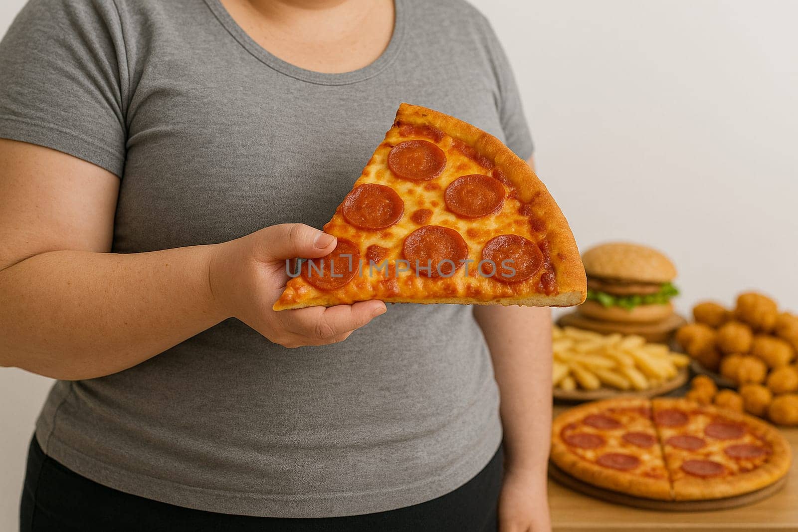 AI generated an overweight woman holding a dripping pizza slice surrounded by unhealthy fast food. Concept focuses on obesity, unhealthy eating habits, and indulgence.