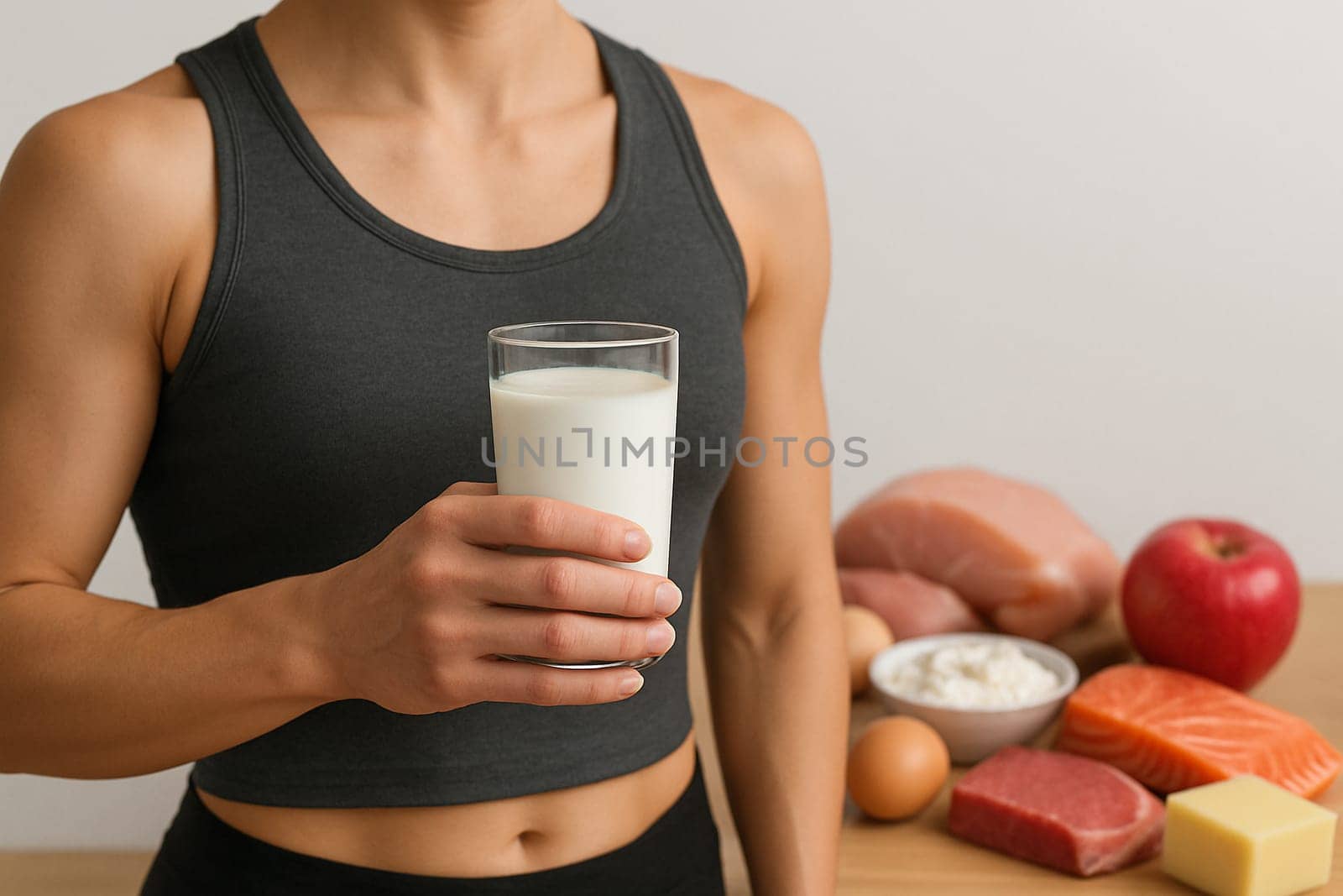 AI generated a toned woman holding a glass of milk surrounded by high-protein foods like meat, eggs, and dairy. Perfect for fitness, health, and nutrition concepts.