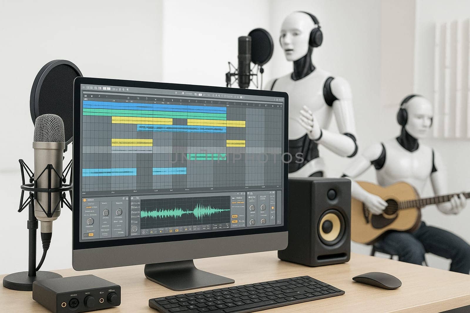AI generated professional music studio scene featuring a computer screen with audio mixing software, microphone, musical instruments, and silhouette figures singing and playing guitar