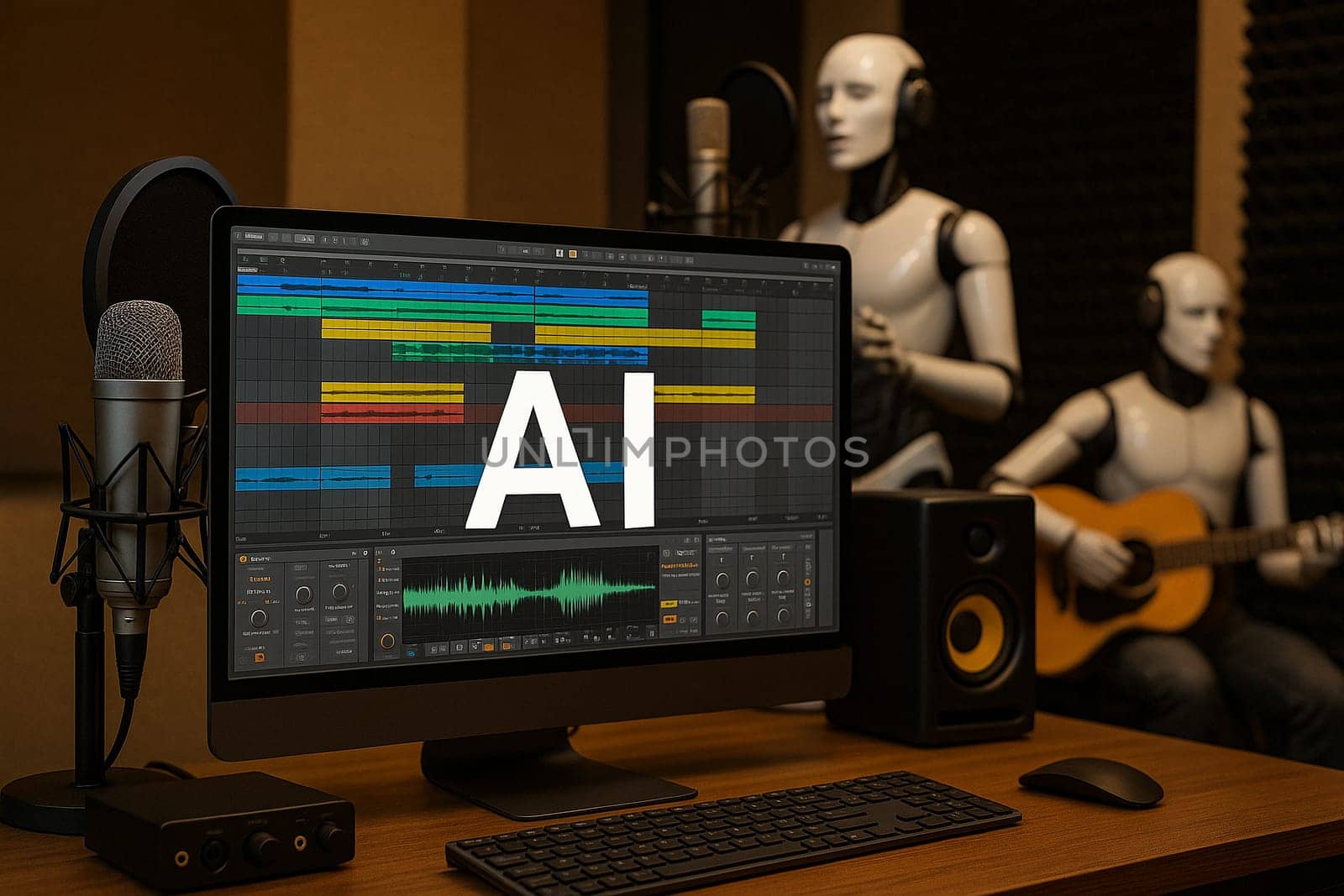 AI generated a professional music studio scene featuring a computer screen with AI mixing software, microphone, musical instruments, and background figures singing and playing guitar.