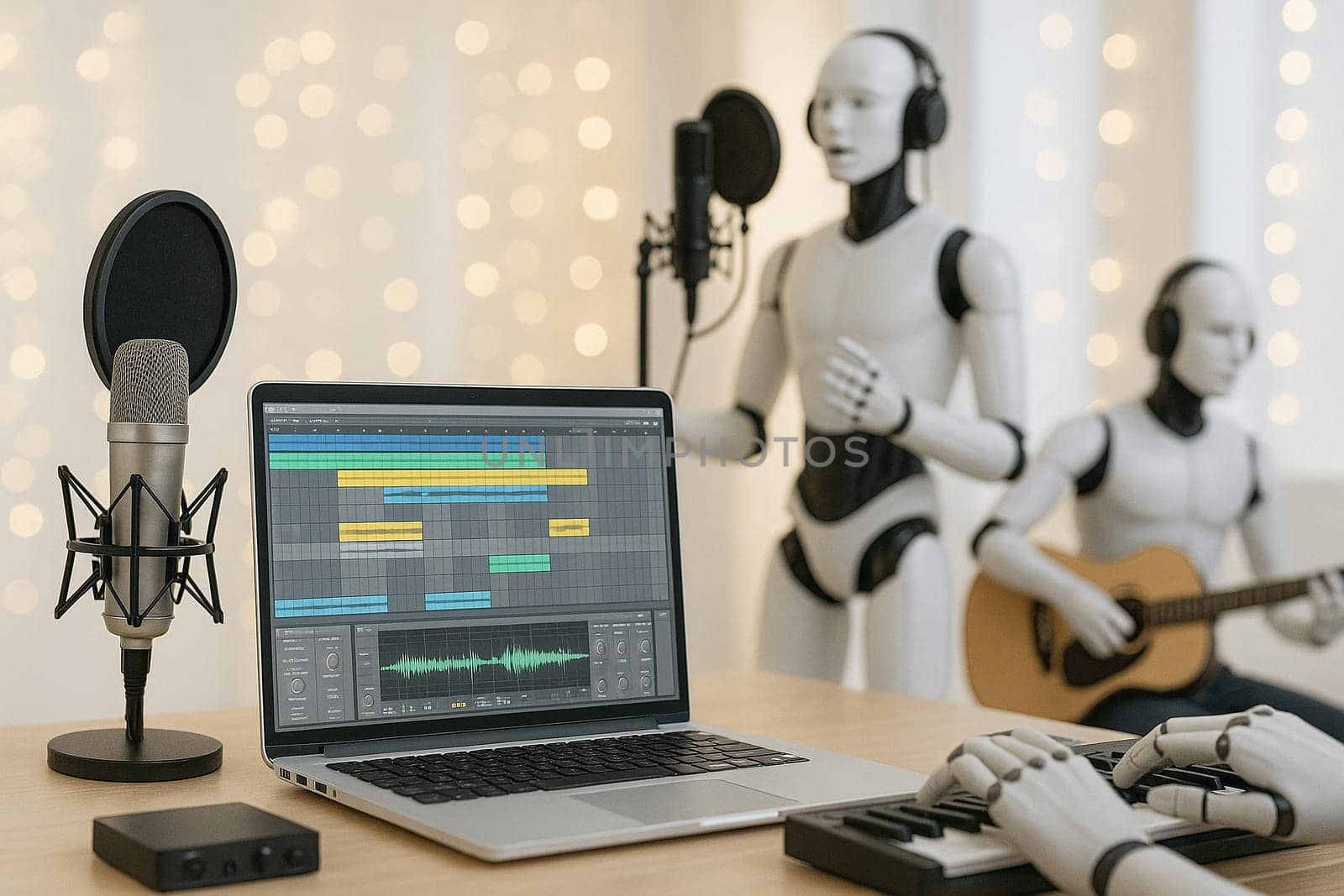 AI generated modern music studio scene featuring a laptop with mixing software, a droid playing keyboard, microphone, musical instruments, and silhouette figures singing and playing guitar