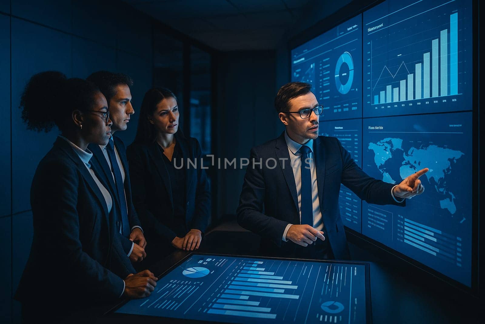 AI generated image of a corporate war room with professionals analyzing data on a large interactive touchscreen during a strategic planning session dynamic collaboration and innovative workplace